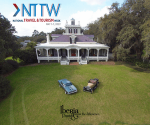 national travel and tourism week 2022 blog graphic with cars parked on lawn of joseph jefferson home with home in background photo