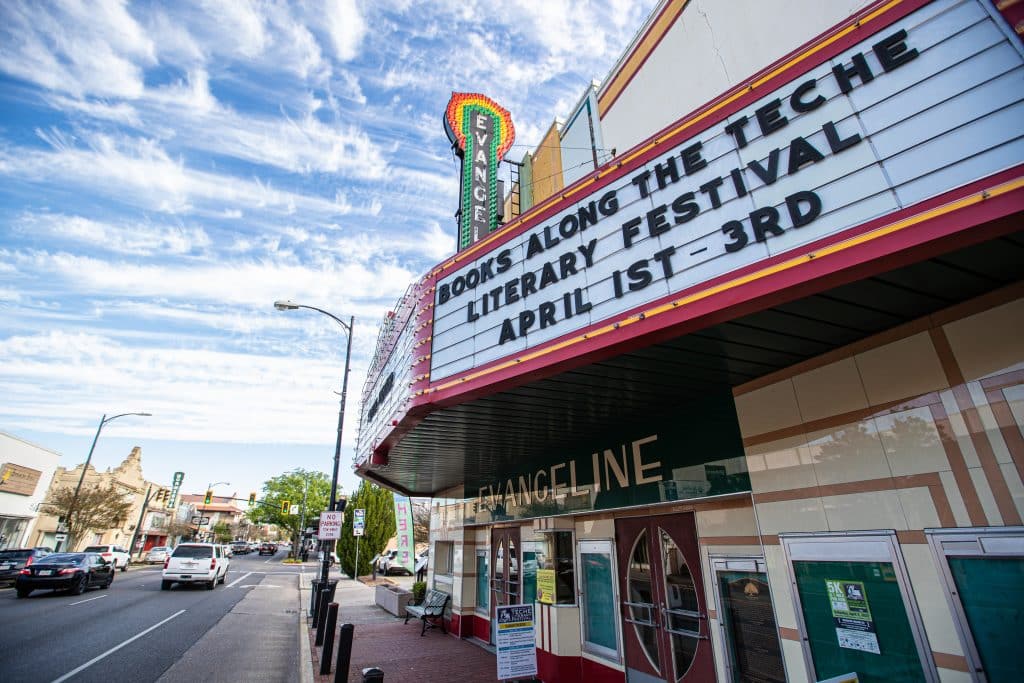 New Iberia Evangeline marquee on Main Street for Books Along the Teche Literary Festival